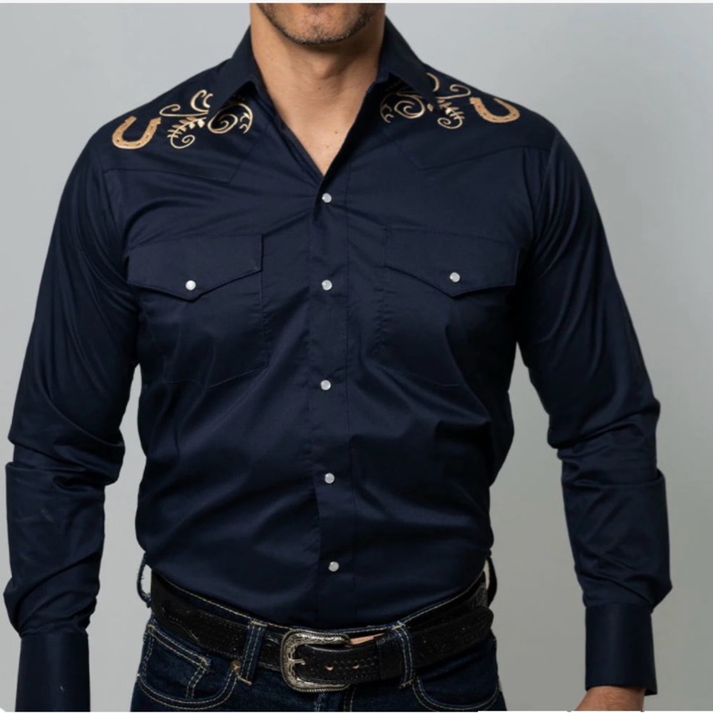 Men's Dark Blue Shirt with Gold Accents
